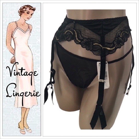 VINTAGE Formfit Garter Belt Black w/ Gold Lame Swirl Detail Metal Fasteners - Picture 11 of 13